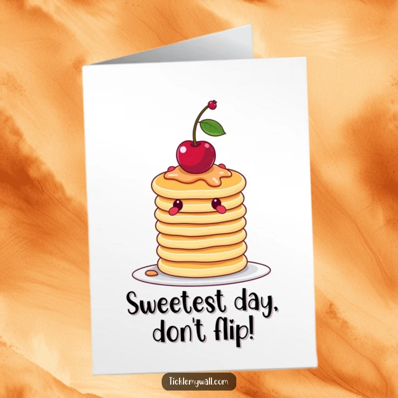 Funny free printable birthday card: a wobbly stack of pancakes struggles to balance a cherry. Cute and humorous downloadable gift.