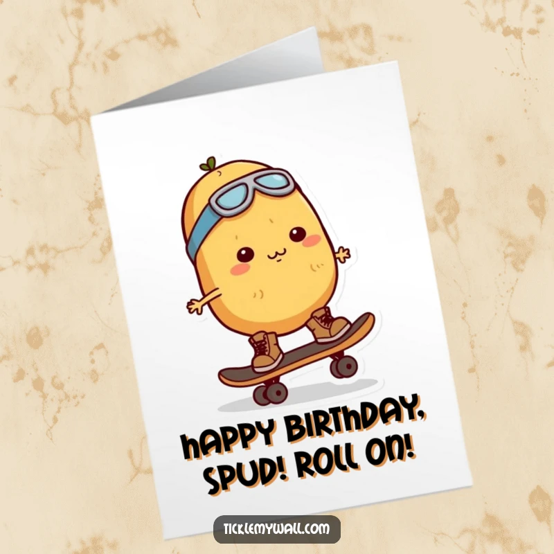 Funny Free Printable Birthday Card featuring a determined potato with tiny boots trying to skateboard.
