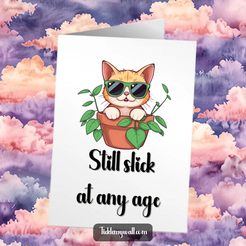 Funny free printable birthday card showing a shocked cat with huge sunglasses peeking out of a houseplant. Hilarious DIY gift for cat lovers.