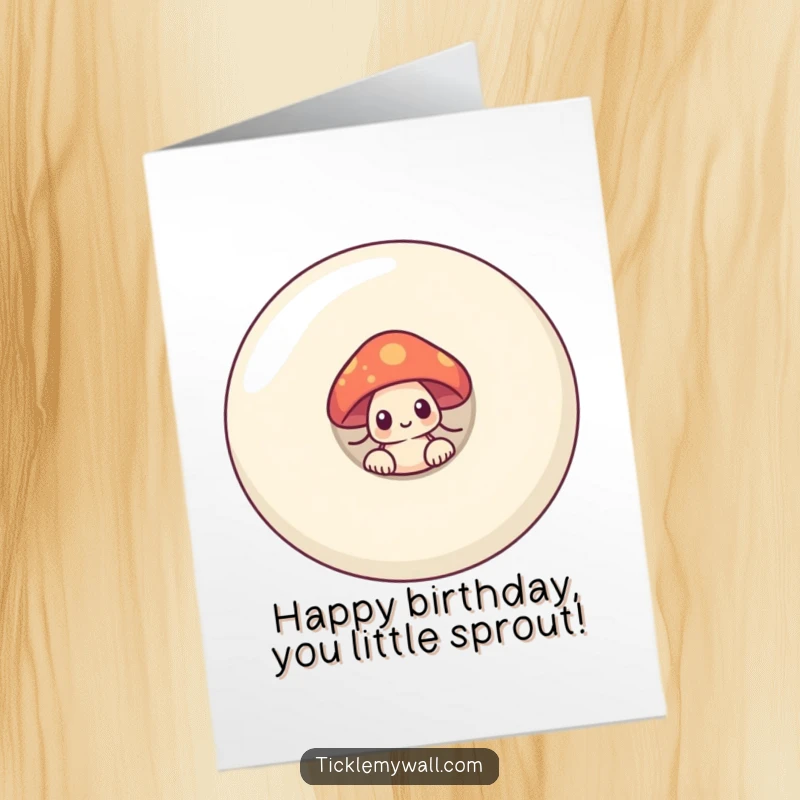 Funny Free Printable Birthday Card: A shy mushroom peeks from behind a giant smiling button, sharing a birthday wish.