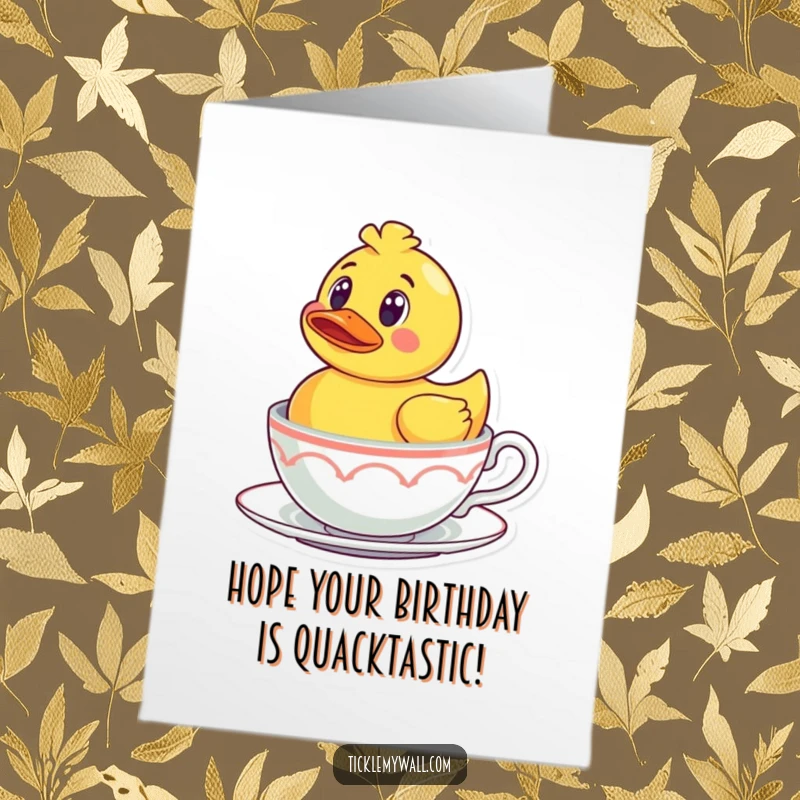 Funny Free Printable Birthday Card: A rubber ducky with a shocked face peeks out from a teacup, a humorous birthday surprise.