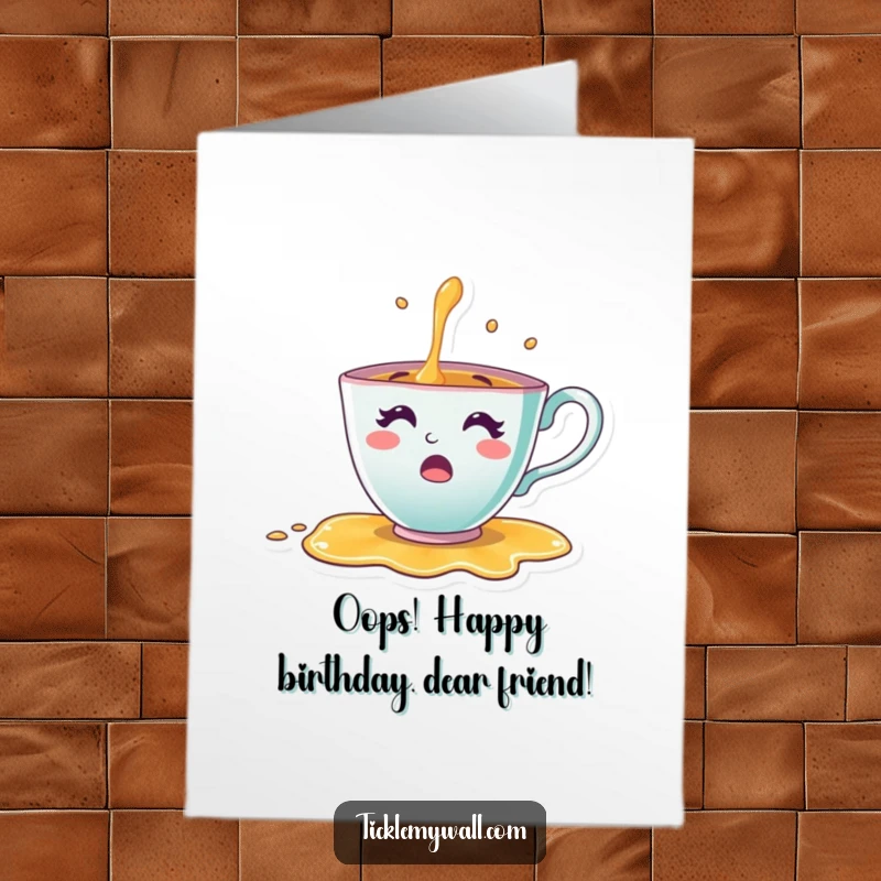 Funny Free Printable Birthday Card: Cheerful teacup character spilling tea in surprise, a whimsical DIY gift.