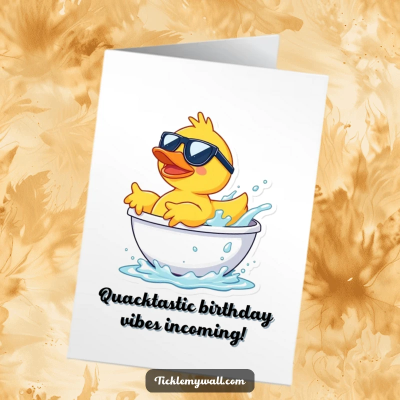 Funny Free Printable Birthday Card: A rubber duck in sunglasses making a massive splash out of a bathtub.