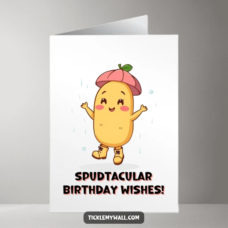 Funny Free Printable Birthday Card: A happy potato in boots dances joyfully in the rain.