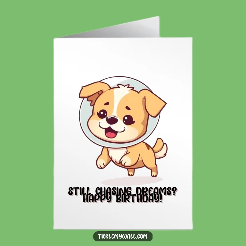 Free Printable Birthday Card: Bemused Dog Cone of Shame Chase Tail Funny Downloadable Gift