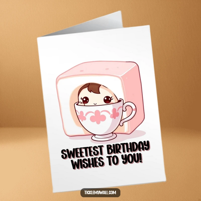 Funny Free Printable Birthday Card featuring a shy teacup peeking out from behind a large sugar cube.