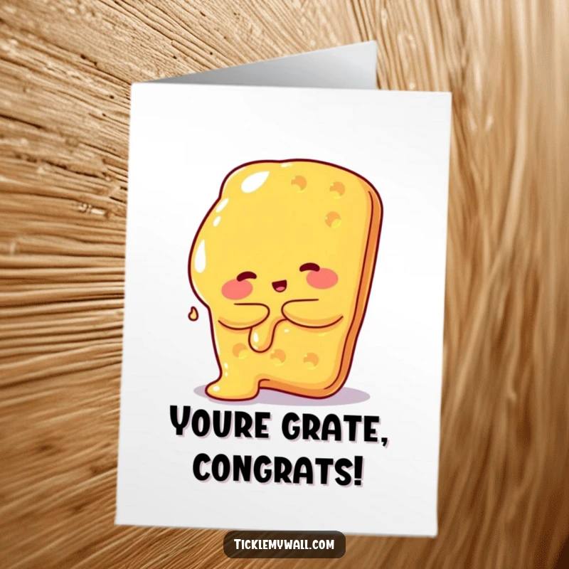 Funny Free Printable Congratulations Card: Cheese blob hugging a giant cracker, celebrating a cheesy success.