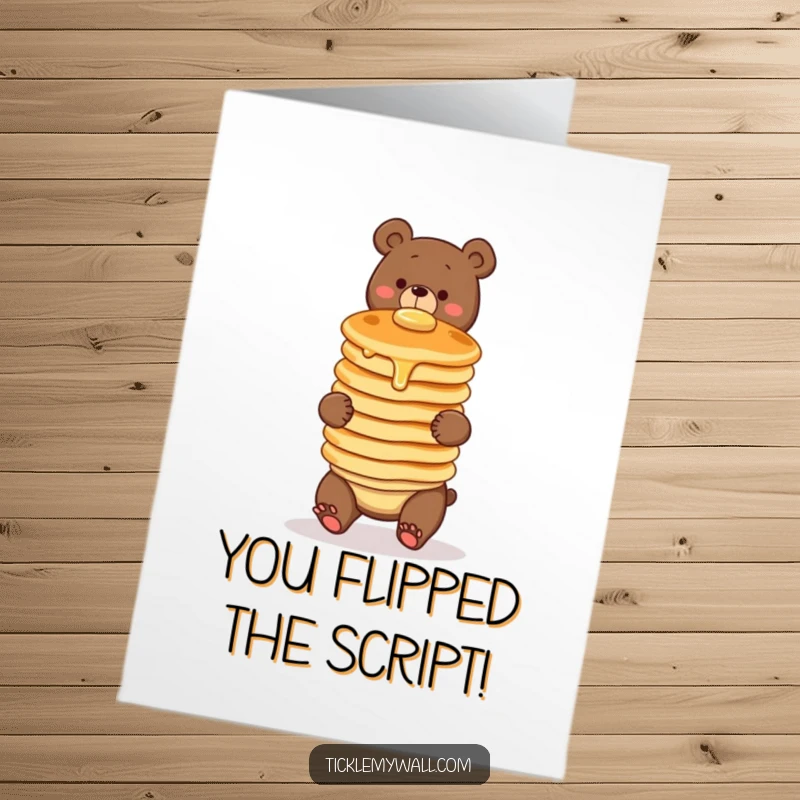 Funny Free Printable Congratulations Card: Clumsy bear balancing wobbly pancakes, celebrating effort, downloadable art.