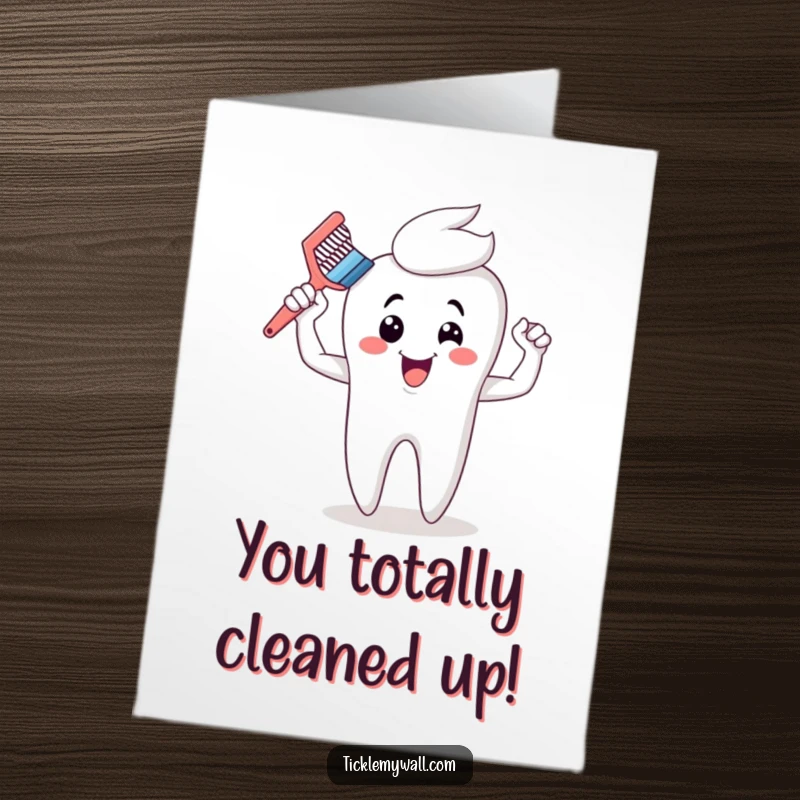 Funny Free Printable Congratulations Card showing a muscular toothbrush flexing proudly after a successful cleaning of a large tooth.