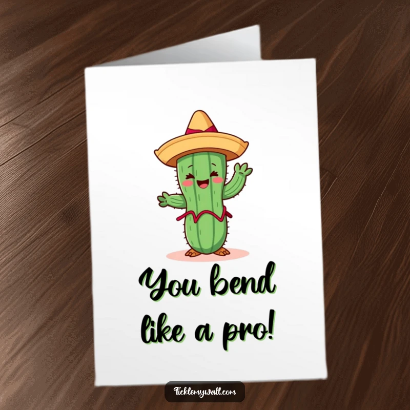 Funny Free Printable Congrats Card: A cactus in a sombrero bending low to limbo, a humorous congratulatory image.