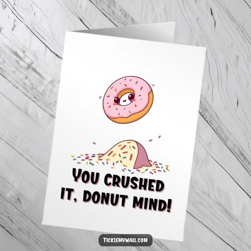 Funny Free Printable Congratulations Card showing a determined donut clearing a sprinkle obstacle with gusto.
