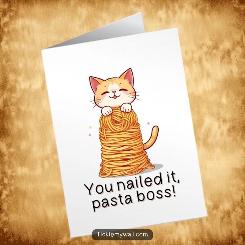 Funny Free Printable Congratulations Card: Cat teetering with spaghetti, perfect for celebrating any achievement.