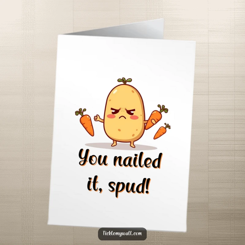 Funny Free Printable Congratulations Card: Nervous potato character trying to juggle tiny carrots, an amusing, downloadable congrats.