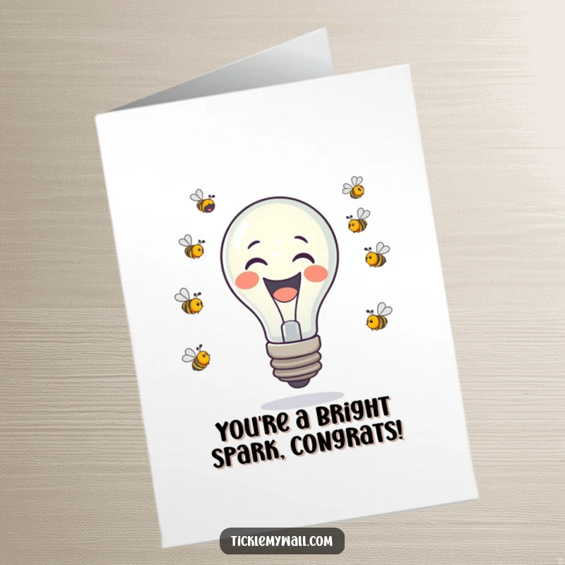 Funny Free Printable Congratulations Card: A laughing lightbulb expertly juggles tiny buzzing bees, celebrating an achievement.