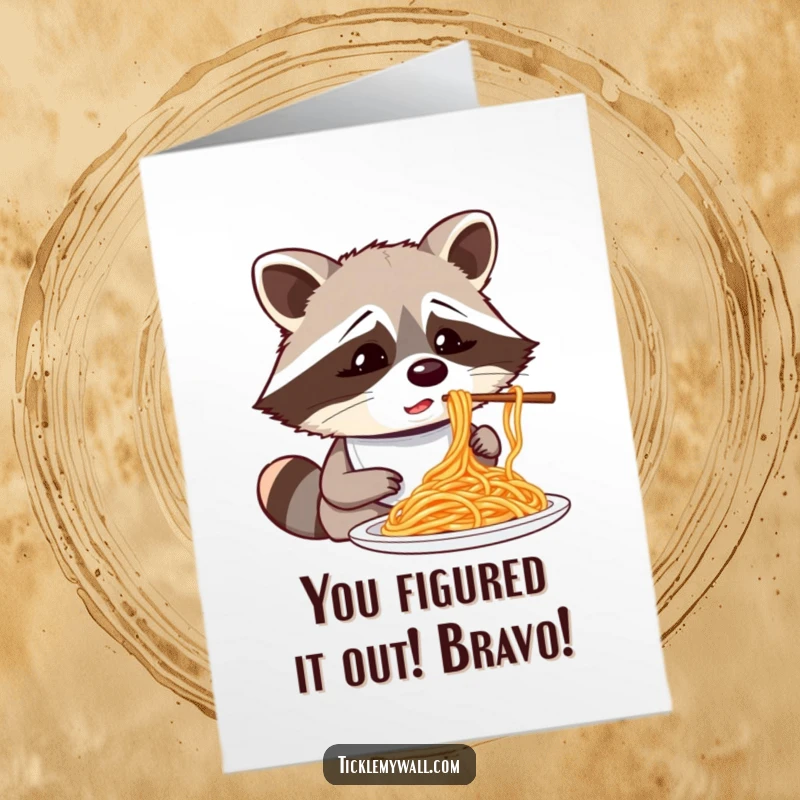 Funny Free Printable Congratulations Card: Confused raccoon wearing a bib, fumbling with spaghetti and chopsticks.