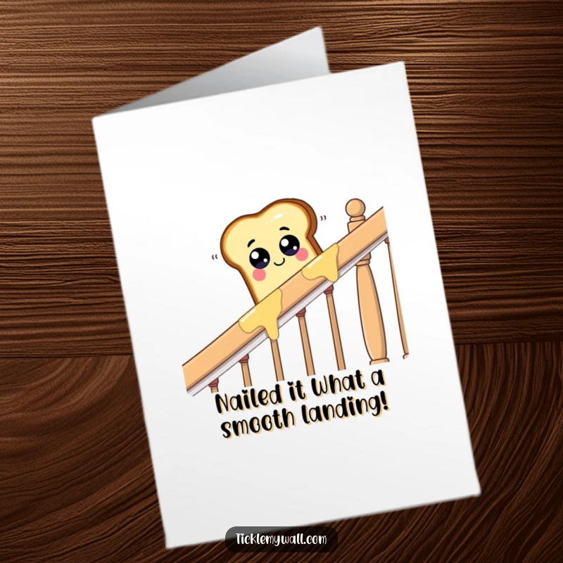 Funny Free Printable Congratulations Card: Googly-eyed toast dramatically sliding down a buttered banister.