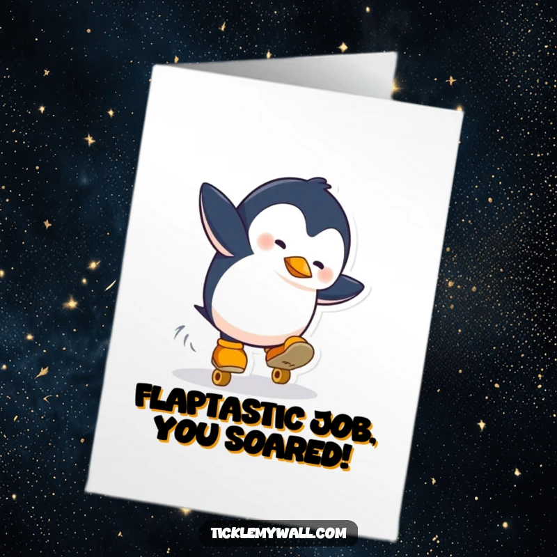 Funny free printable congratulations card depicts a penguin falling while wearing roller skates, celebrating their win.