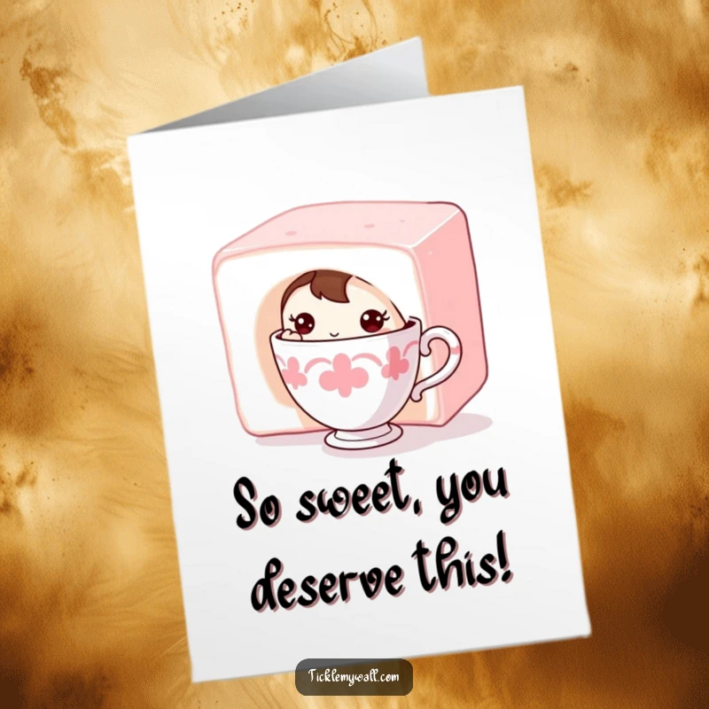 Funny Free Printable Congratulations Card showing a bashful teacup character hiding partly behind a giant sugar cube.