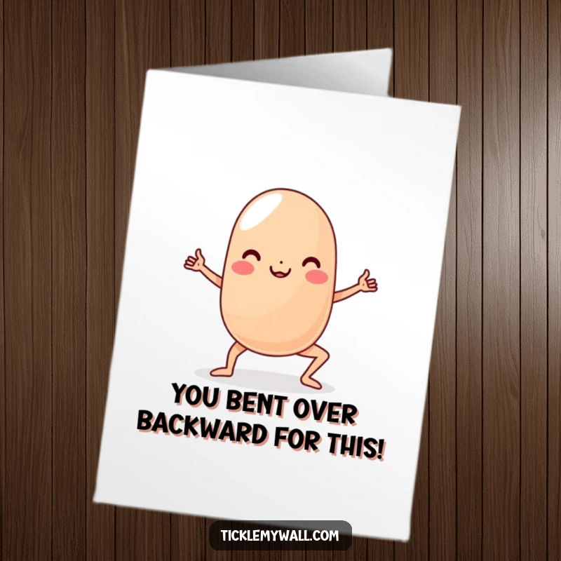 Funny Free Printable Congratulations Card showing a jelly bean character attempting a difficult yoga pose with great effort.