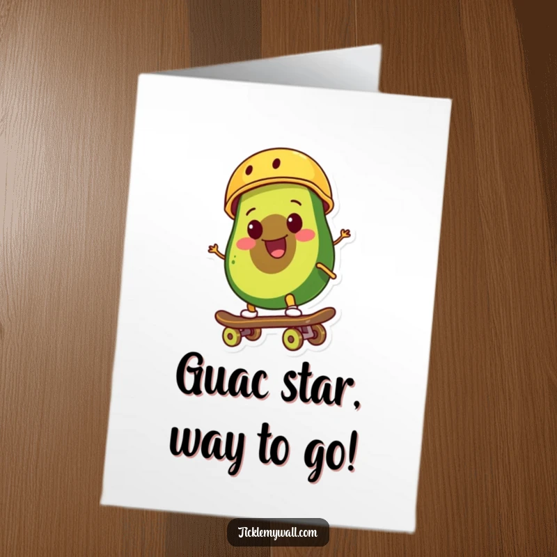 Funny Free Printable Congrats Card: A smiling avocado wearing a helmet successfully rides a skateboard, looking stoked.