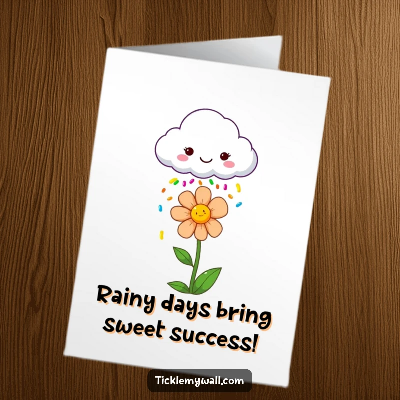 Funny Free Printable Congratulations Card showing a smiling cloud raining colorful sprinkles onto a very happy, blooming flower.
