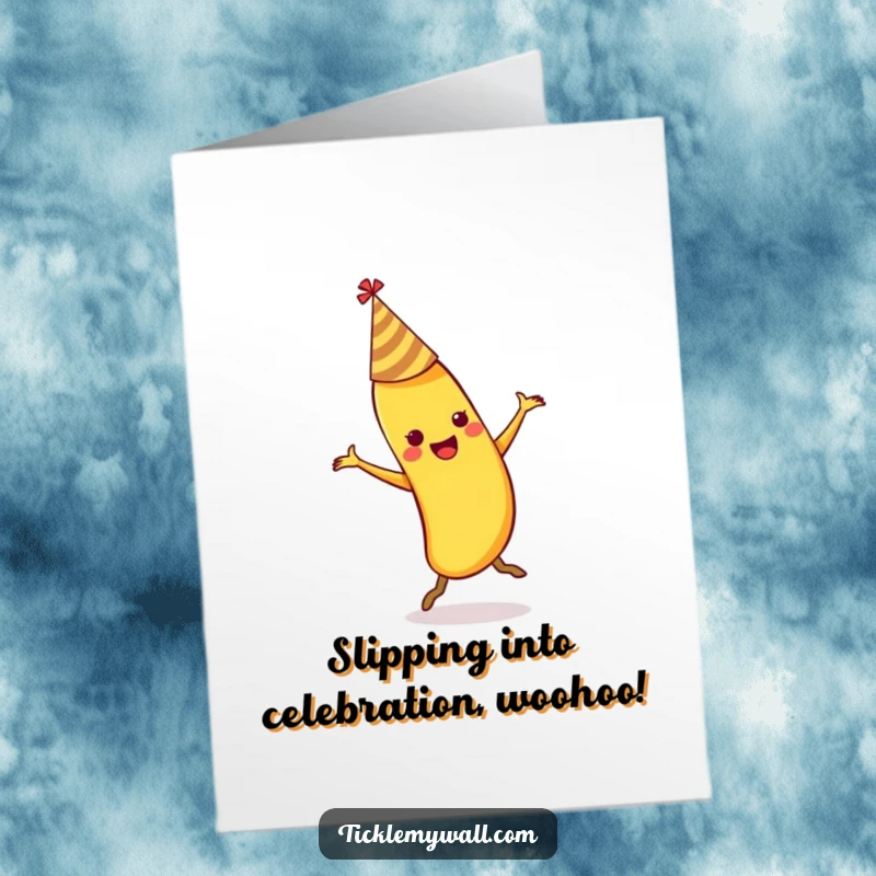 Funny Free Printable Congrats Card: A dancing banana wearing a party hat hilariously slips on a discarded peel.
