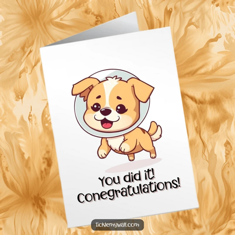 Funny Free Printable Congrats Card showing a dizzy dog in a cone of shame spinning after its tail, a hilarious congrats.