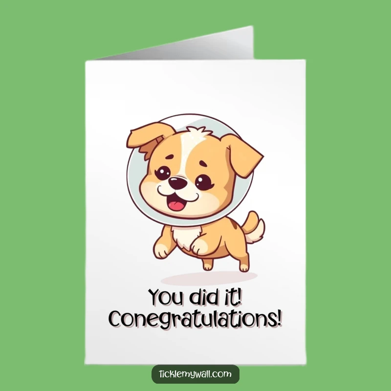 Free Printable Congrats Card: Bewildered Dog Cone Shame Tail Chase Funny Downloadable Gift
