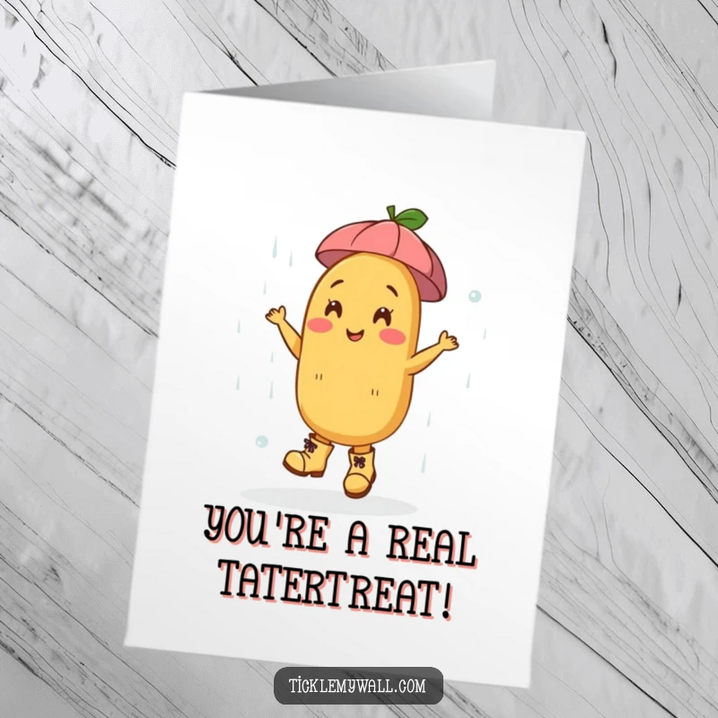 Funny Free Printable Congratulations Card: A cheerful potato in boots dances happily, celebrating success.