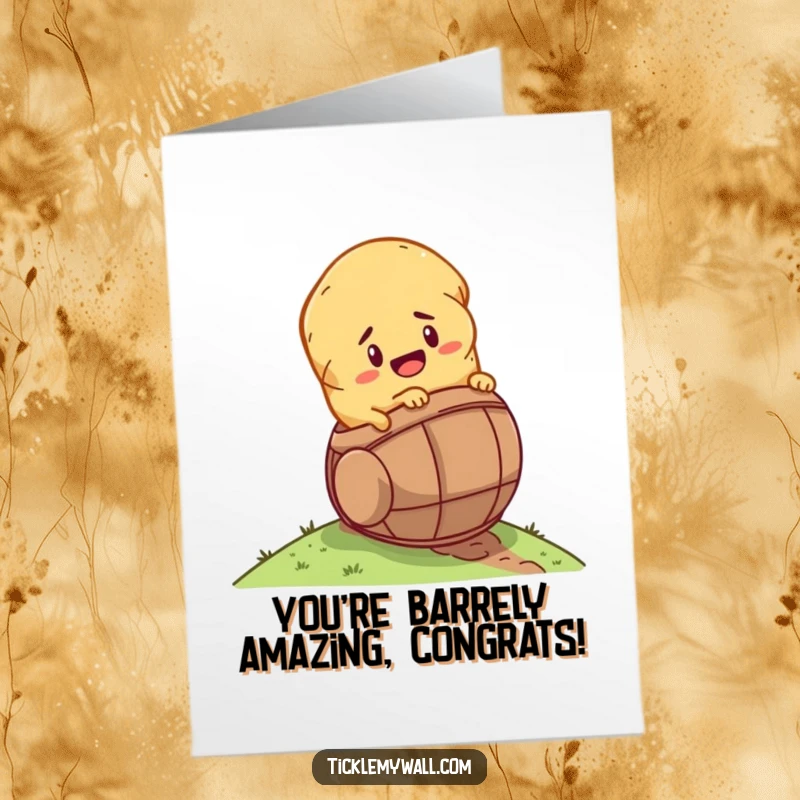 Funny Free Printable Congratulations Card: A determined potato in a barrel rolls downhill, signifying a big achievement.