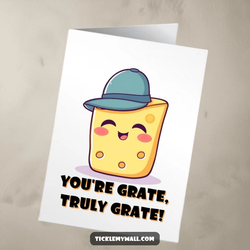 Funny Free Printable Congratulations Card showing a happy slice of cheese giggling while trying to wear a miniature hat, a witty win.