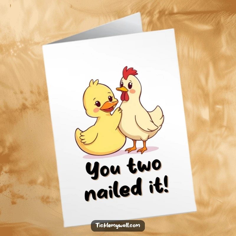Funny Free Printable Congrats Card: Confused rubber chicken receiving an aggressive pet from a determined rubber duck, great for congrats.