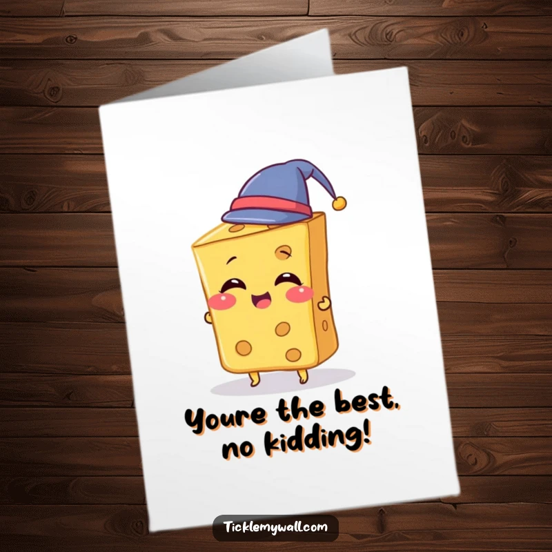 Funny Free Printable Thank You Card: Giggling slice of cheese hilariously trying on a tiny hat, a fun expression of thanks.