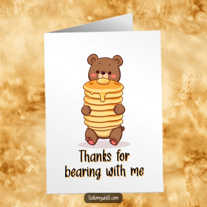 Funny Free Printable Thank You Card: Clumsy bear dropping pancakes, a humorous thank you for their support.