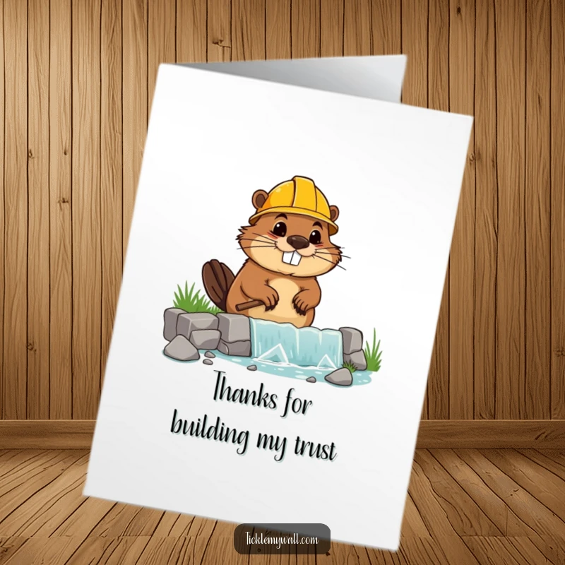Funny free printable thank you card featuring a goofy beaver attempting to build a wonky dam, perfect for a humorous thank you.