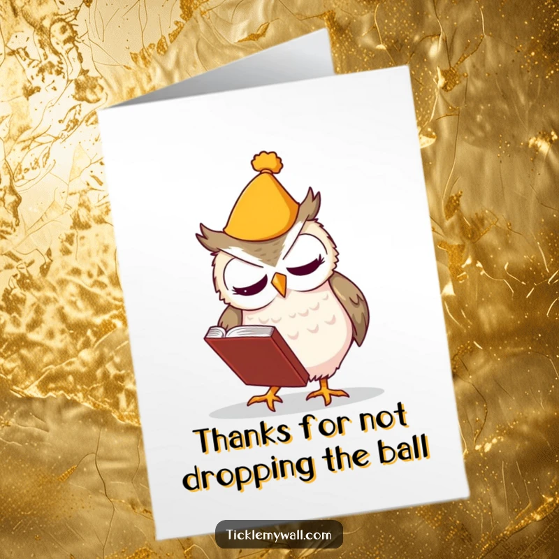 Funny free printable thank you card depicting a clumsy owl tripping with a book, ideal for a humorous expression of gratitude.