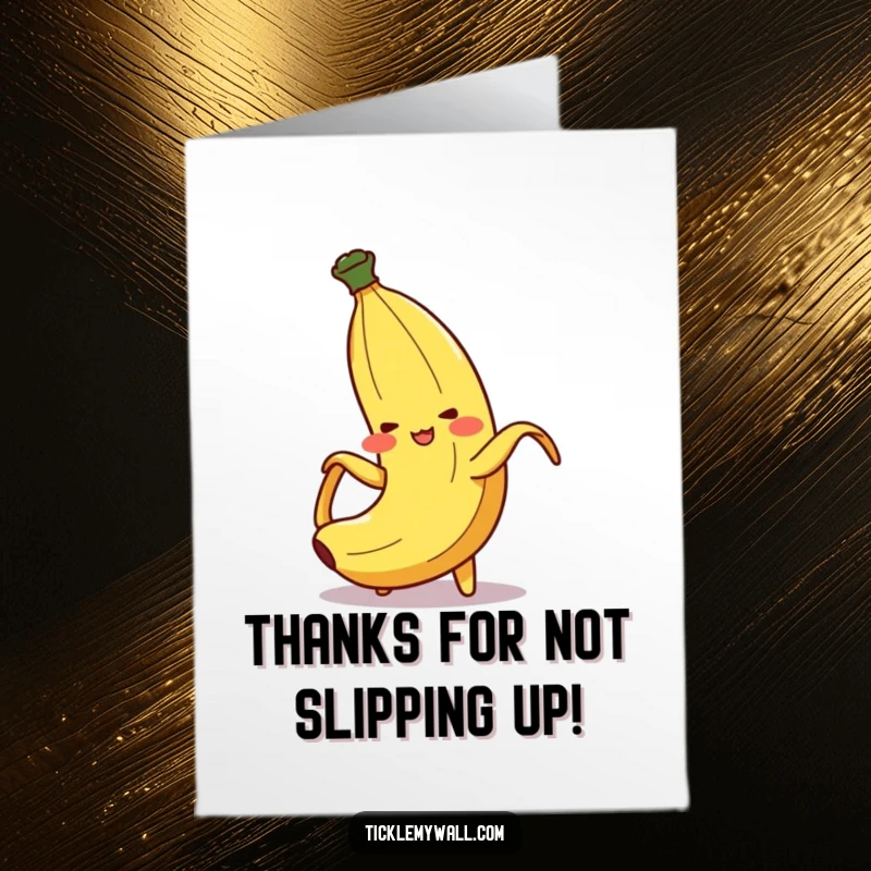 Funny Free Printable Thank You Card illustrating a blushing banana peel character comically losing its balance.