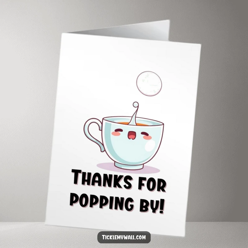 Funny free printable thank you card: a startled teacup spills a big bubble. Cute and humorous DIY thank you gift.
