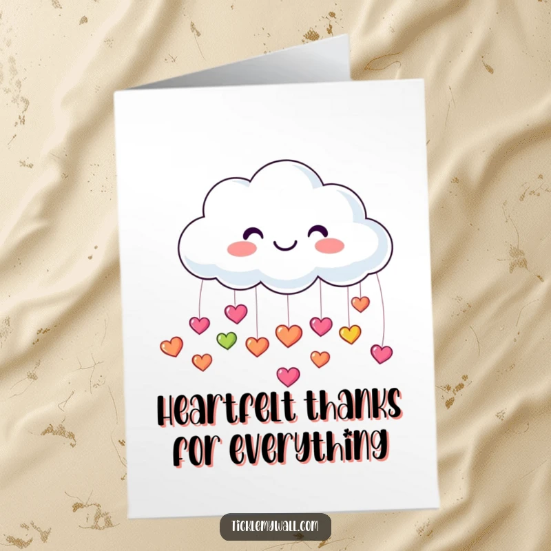 Free Printable Thank You Card showcasing a smiling cloud raining numerous tiny, colorful, bouncing hearts, a truly heartfelt thank you.