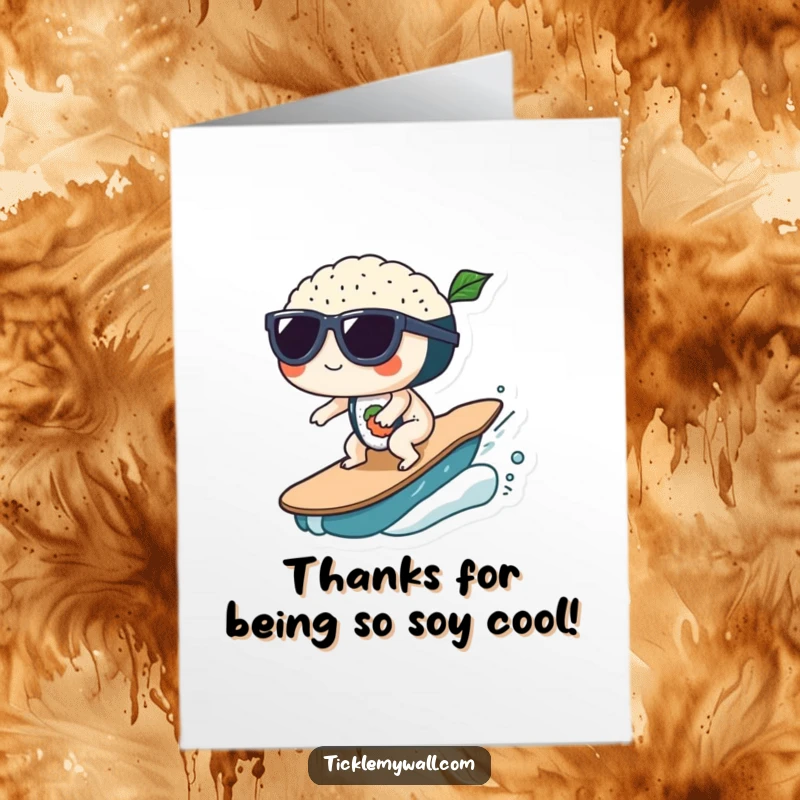 Funny Free Printable Thank You Card: Sushi rolls wearing sunglasses surf a wave, a cool way to say thanks.