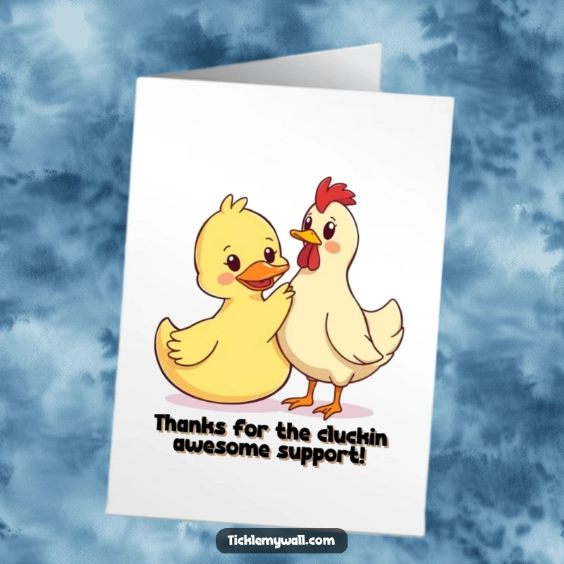 Funny Free Printable Thank You Card: Rubber duck petting a confused chicken, perfect for a humorous thank you note.