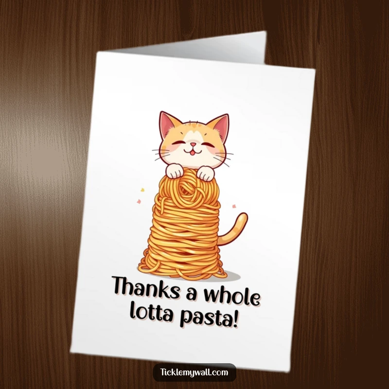 Funny Free Printable Thank You Card: A cat wobbles with a huge stack of spaghetti, perfect for showing thanks.