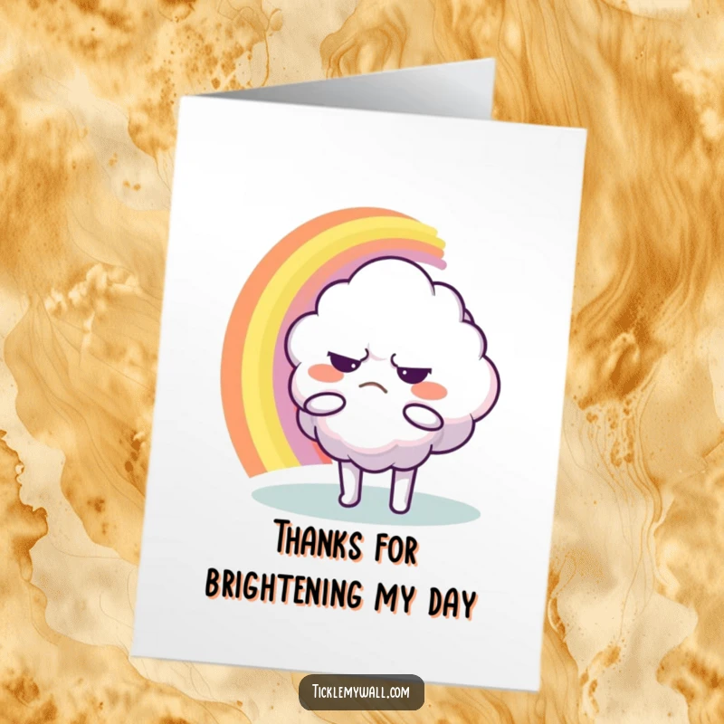 Funny Free Printable Thank You Card: Grumpy cloud character trying to hug a rainbow, a whimsical, downloadable way to say thanks.