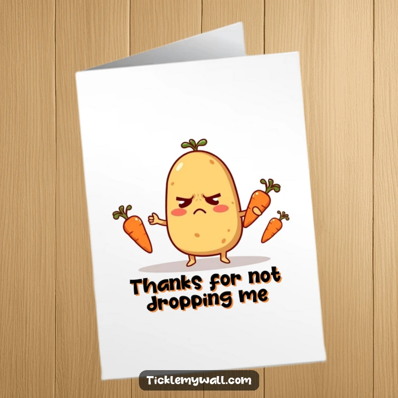 Funny Free Printable Thank You Card: Nervous potato character attempting to juggle carrots, a quirky, downloadable way to say thanks.