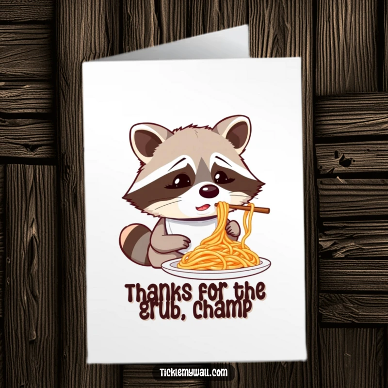 Funny Free Printable Thank You Card: A confused raccoon wearing a bib, attempting spaghetti with chopsticks.