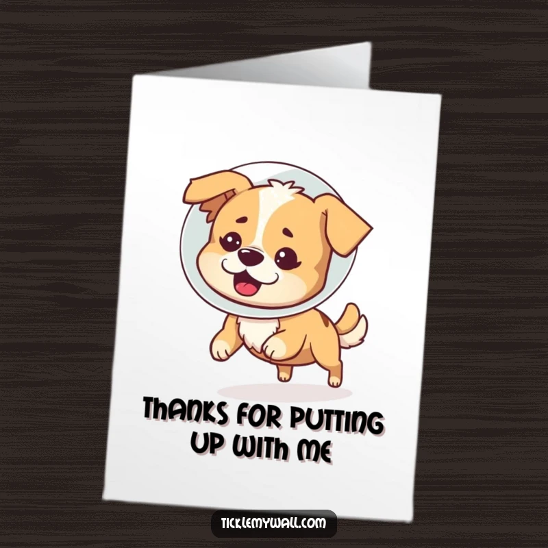 Funny Free Printable Thank You Card with a bewildered dog in a cone of shame chasing its tail, perfect for a funny thanks.