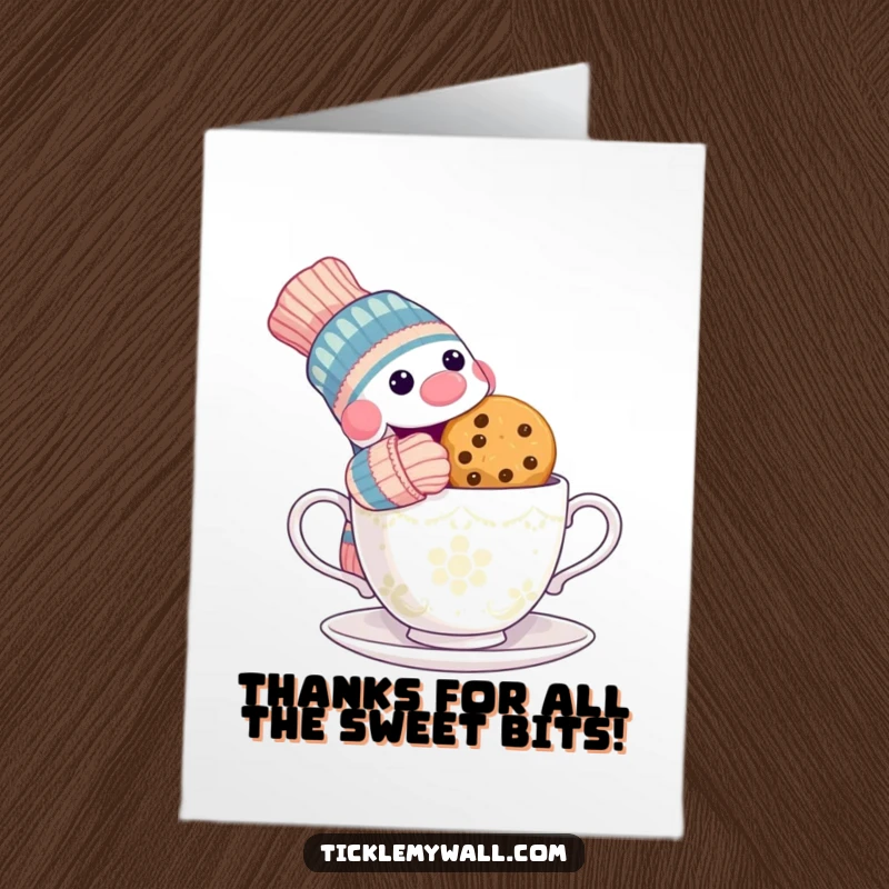 Funny Free Printable Thank You Card: Sock puppet stealing a cookie from a surprised teacup, a funny way to say thanks.