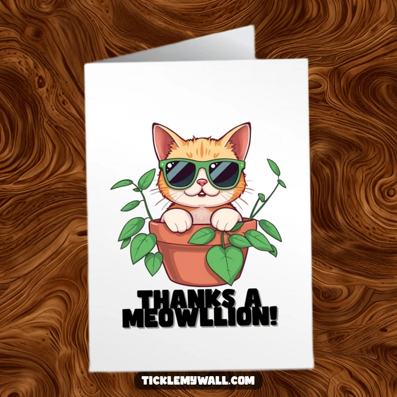 Funny free printable thank you card featuring a surprised cat in large sunglasses peeking from a potted plant. Easy DIY thank you gift.
