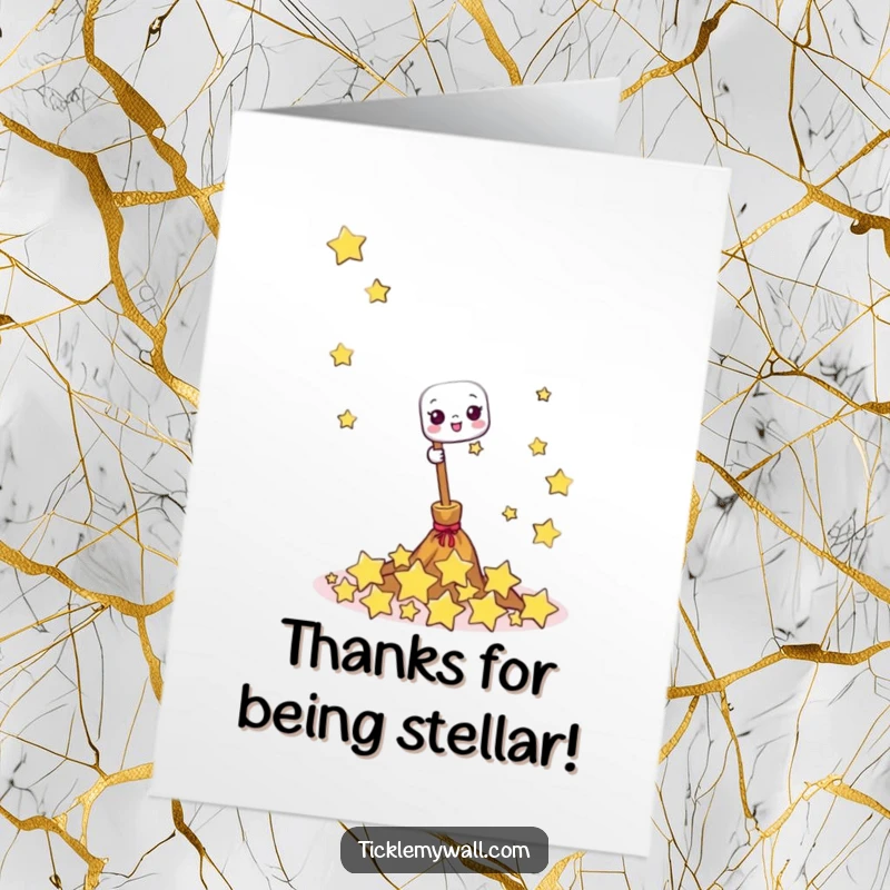 Funny Free Printable Thank You Card with a happy broom sweeping giggling little stars, a magical way to express thanks.