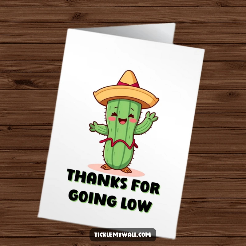 Funny Free Printable Thank You Card: A cheerful cactus in a sombrero limboing, a humorous and thankful fiesta scene.